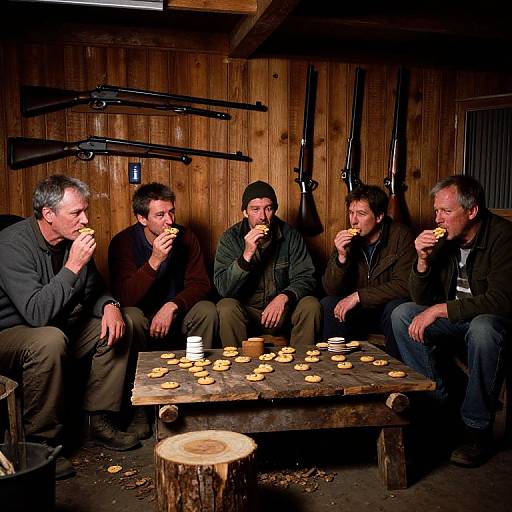 Middle-Aged Loggers in Basement Scene