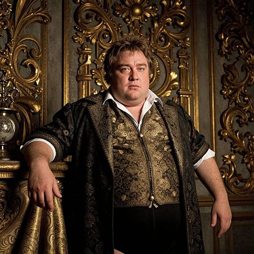 Photograph of a heavyset man with short brown hair, wearing an ornate black and gold robe, standing in front of an elaborate, gold-ac