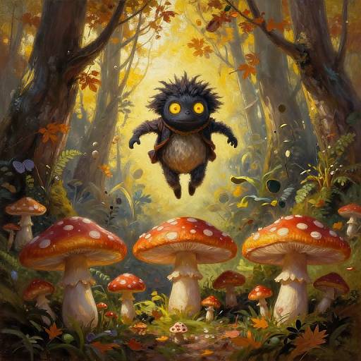 Whimsical digital painting of a fluffy, black, round-eyed creature with spiky fur hovering above vibrant, red-spotted mushrooms in a sunlit