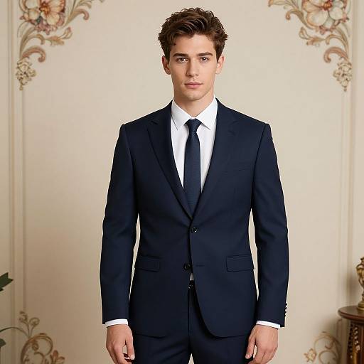 Photograph of a young, fair-skinned man with short brown hair, wearing a black suit, white shirt, and black tie, standing in an