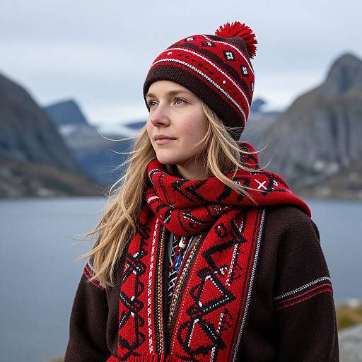 Photograph of a blonde woman with fair skin, wearing a red and black patterned hat, scarf, and dark sweater, standing outdoors by a mountain