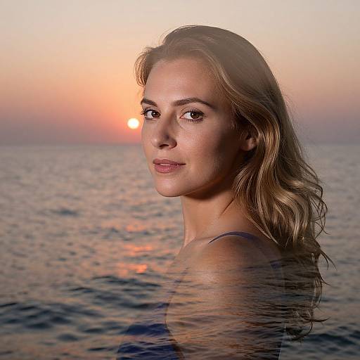 Photograph of a blonde woman with wavy hair, fair skin, and brown eyes, partially submerged in ocean water at sunset.