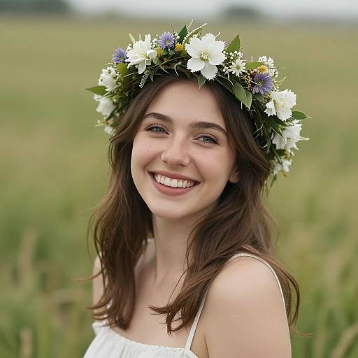 Photograph of a smiling young woman with wavy brown hair, wearing a white dress and a flower crown, standing in a green field.