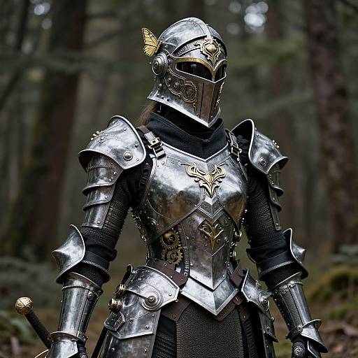 Photograph of a knight in shiny, ornate silver armor with a butterfly emblem, standing in a dark, misty forest.