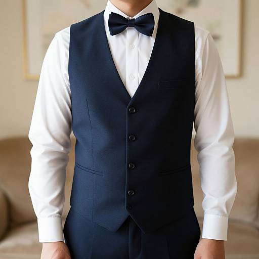 Photograph of a man's torso in a white dress shirt, black vest, and black bow tie, standing in a softly lit room.
