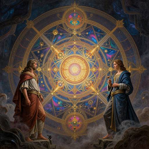 Digital art of two bearded men in ancient robes, one in red, one in blue, standing on clouds before a glowing, intricate celestial mandala