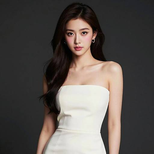 Photograph of an East Asian woman with long black hair, wearing a strapless white dress, standing against a dark background.