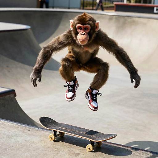 Photograph of a monkey mid-air, performing a skateboard trick in a concrete skatepark, wearing red and white sneakers. Bright daylight.