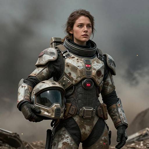 Photorealistic CGI of a determined woman in weathered, camouflage-patterned space armor with a helmet in hand, standing amid a smoky, war