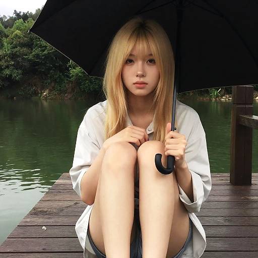 Contemplative Blonde Woman on Dock