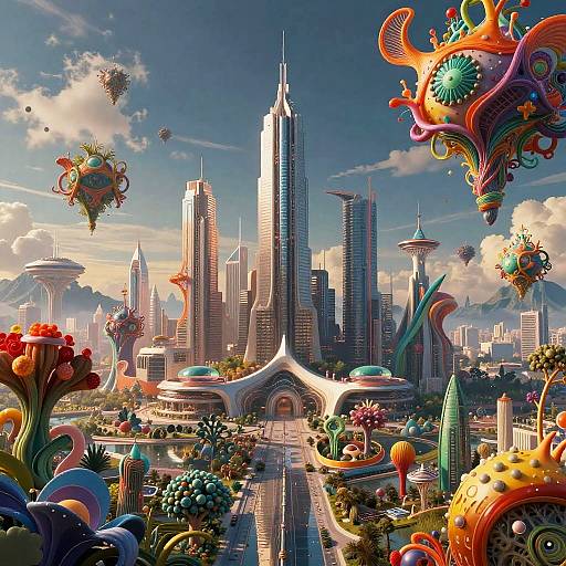 Vibrant, futuristic cityscape with colorful, surreal floating structures, towering skyscrapers, and intricate, organic architecture under a bright blue sky.