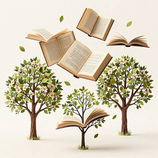 Illustration of five open books floating above four blooming cherry trees with green leaves and white flowers on a white background.
