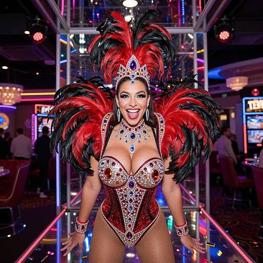 Photograph of a Latina woman with large red and black feather headdress, revealing sequined red and purple costume, large breasts, and fishnet stockings
