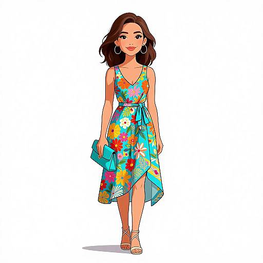 Digital illustration of a smiling woman with brown hair, wearing a colorful floral dress, holding a blue clutch, and wearing hoop earrings.