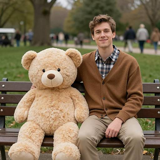 Cheerful Man with Teddy Bear in Park