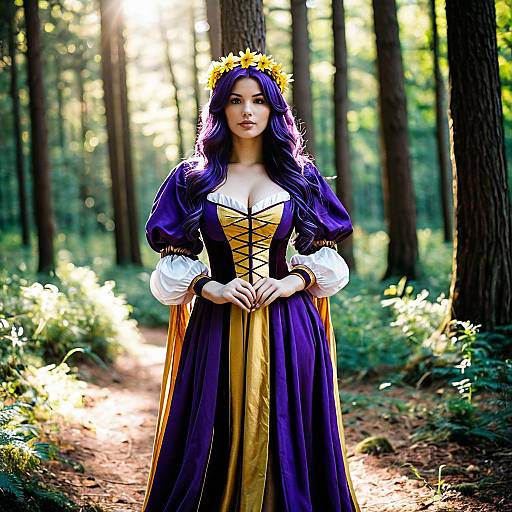 Woman in Purple and Gold Fantasy Dress in Forest