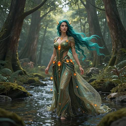 Digital artwork of a turquoise-haired, horned, elven woman in a glowing, green, leaf-patterned dress with orange gem accents, standing in