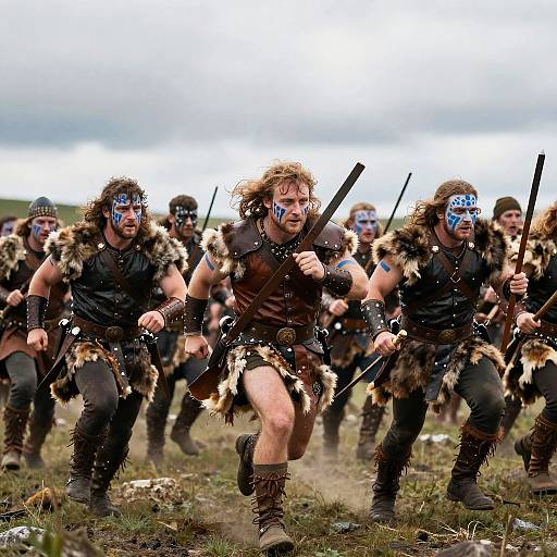 Photograph of a group of muscular, bearded men in primitive, fur-trimmed warrior costumes with blue face paint, running with swords in a