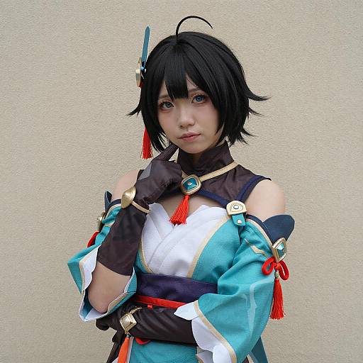 Vibrant Mai Cosplay Against Textured Background