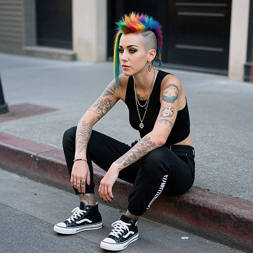 Photograph of a tattooed, punk-style woman with colorful mohawk, black crop top, jeans, and Converse shoes, sitting on a city