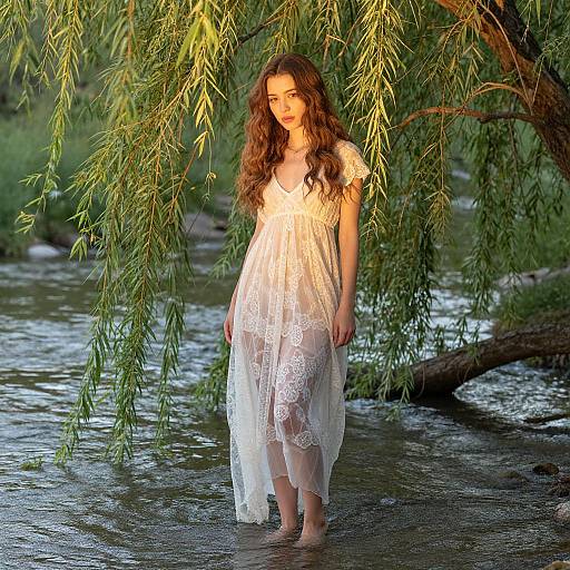 Photograph of a young woman with long, wavy brown hair, wearing a sheer white lace dress, standing in a shallow river under a weeping