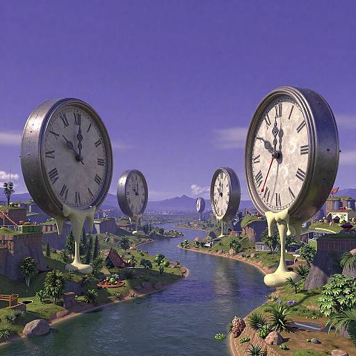 Photorealistic CGI of giant, floating clock faces over a winding river with lush greenery and buildings in a vibrant, blue-sky setting.