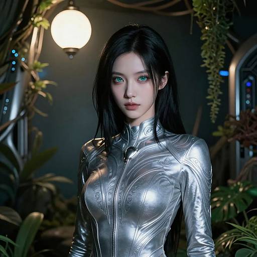 Photorealistic CGI of an Asian woman with long black hair, silver metallic bodysuit, and blue eyes, standing in a dark, plant-filled