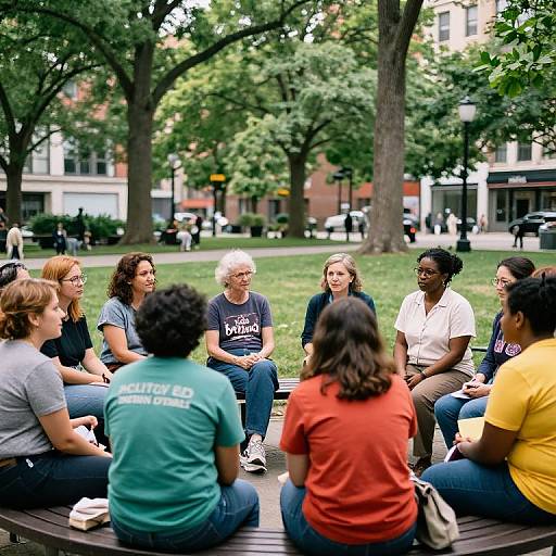 Photograph of diverse group of nine adults sitting in circular wooden seating area in lush, tree-filled urban park, discussing.