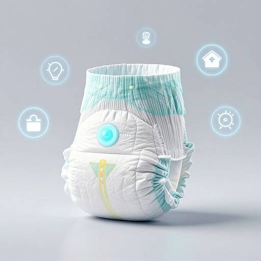 CGI digital art of a glowing, ribbed, white and teal cylindrical object with blue icons floating around it against a light gray background.