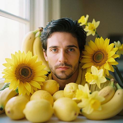 Photograph of a handsome man with dark hair and beard, surrounded by sunflowers, lemons, and bananas, with sunlight streaming in.