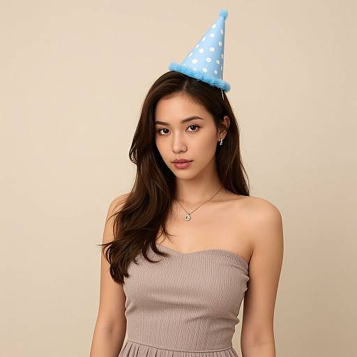 Photograph of an Asian woman with long dark hair, wearing a blue polka-dot party hat, strapless beige top, and necklace, against a