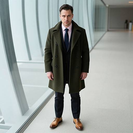 Photograph of a serious-looking man with short dark hair, wearing a dark green overcoat, black suit, white shirt, blue tie, and brown