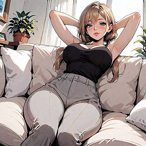 Sunlit Indoor Couch: Anime Girl Close-Up