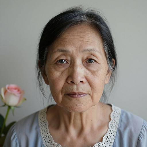 Photograph of an elderly Asian woman with wrinkles, dark hair, wearing a light gray blouse with white lace trim, and a pink rose in the blurred