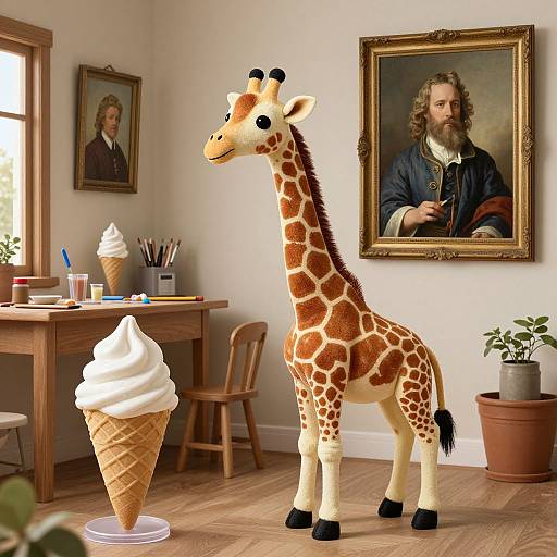Photograph of a whimsical room featuring a life-sized giraffe toy and a swirled ice cream cone, with framed portraits on white walls.