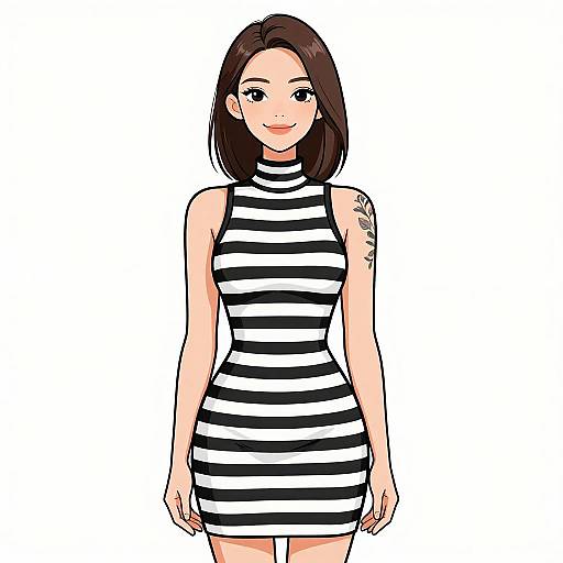 Digital anime-style drawing of a smiling woman with straight black hair, wearing a black and white striped sleeveless dress, revealing a tattoo on her left arm