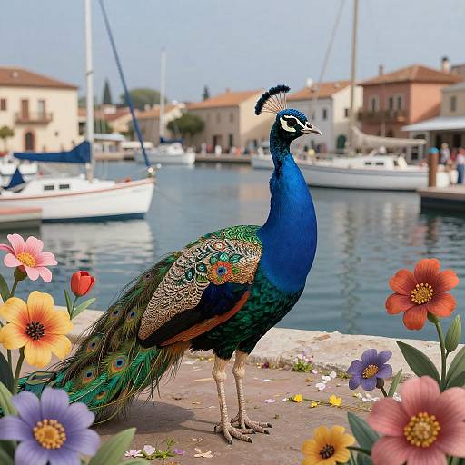 Majestic Peacock by Marina with Colorful Flowers