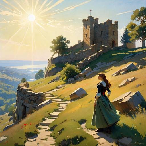 Woman Approaching Medieval Castle in Sunlit Hills