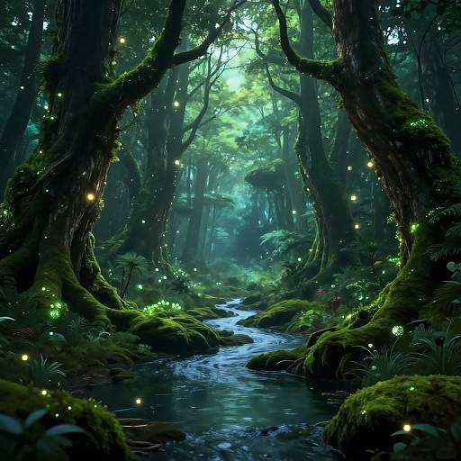 Enchanted forest scene: luminescent fireflies glow around a moss-covered stream, framed by towering, twisted trees in a mystical, moonlit