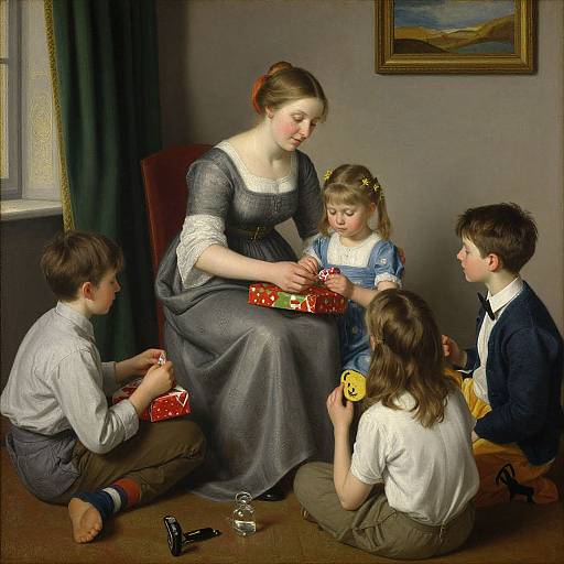 A painting of a fair-skinned woman in a blue dress distributing gifts to four children seated on a wooden floor.