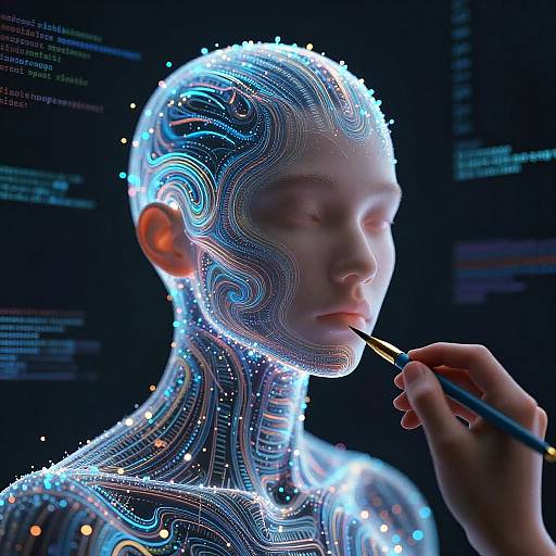 Digital artwork of a glowing, cybernetic human face being meticulously painted with a fine brush by a hand, against a dark, tech-filled background.