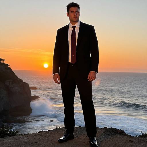 Photograph of a stern, dark-haired man in a black suit and tie, standing on a rocky cliff at sunset, ocean waves in background.
