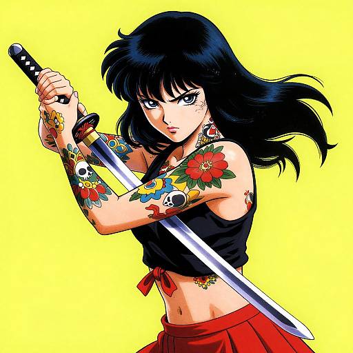 Anime-style drawing of a fierce, black-haired woman with colorful tattoos, holding a katana, wearing a black crop top and red skirt, against a