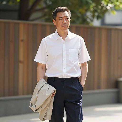 Middle-Aged Asian Man in Casual Attire Outdoors