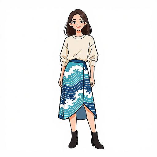 Digital illustration of a young woman with straight brown hair, wearing a white long-sleeve shirt, blue wave-patterned skirt, and black ankle boots