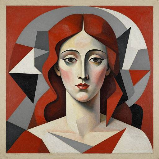 Abstract portrait of a woman with red hair, geometric patterns, red background, and white, black, and gray shapes, in a stylized, modern