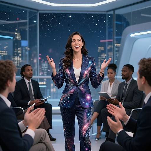 Goddess Leading Futuristic Team Meeting