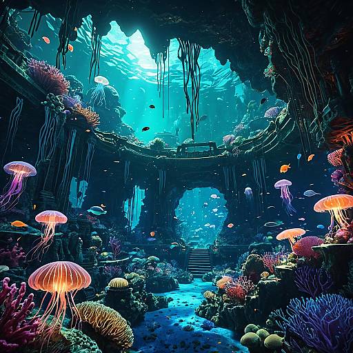 Ancient Underwater City with Luminous Coral and Jellyfish
