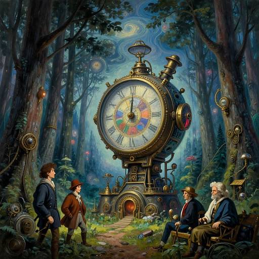 Fantasy forest scene: four Victorian men in suits, hats, and coats gather around a large, steampunk clock with colorful face, surrounded by