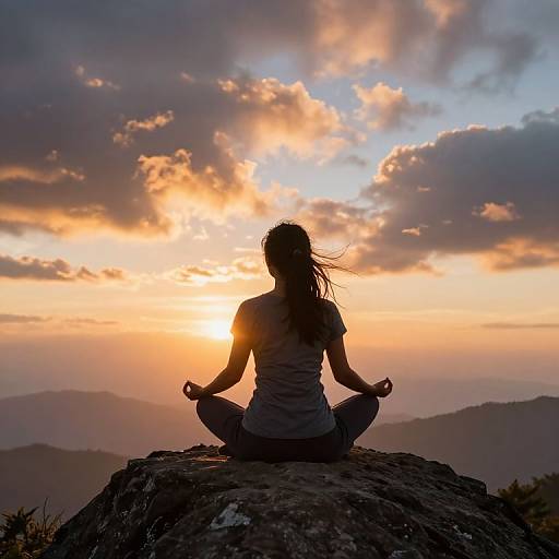 Silhouetted woman in meditation pose on rock, sunset sky with orange and pink clouds in background, mountains in distance. Photograph.